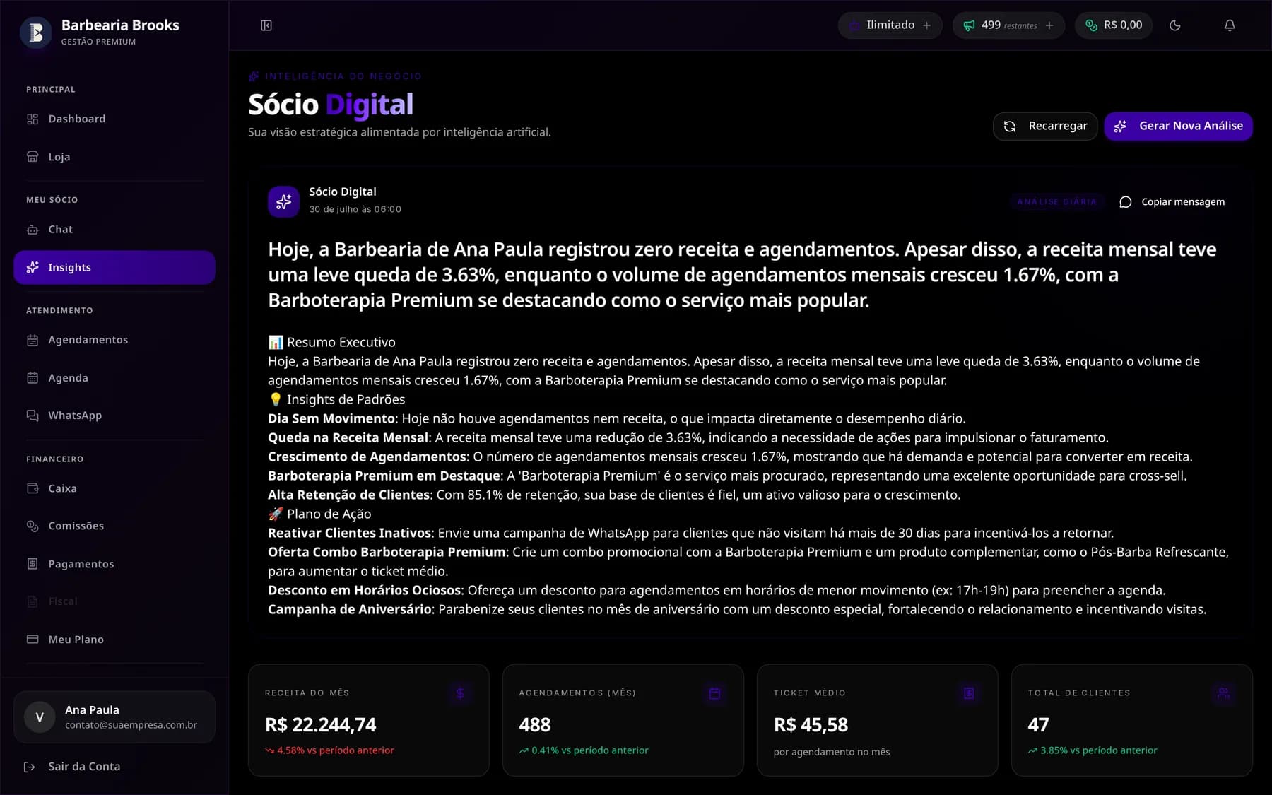 Tela de Insights do Meu Sócio com análise diária: resumo executivo, padrões identificados nos dados e plano de ação sugerido